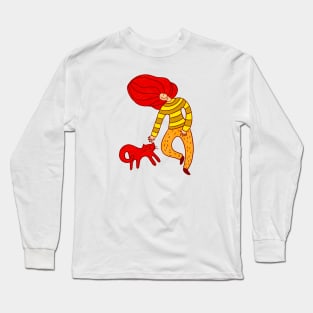 Cool girl with red hair and red cat walking, version 1 Long Sleeve T-Shirt